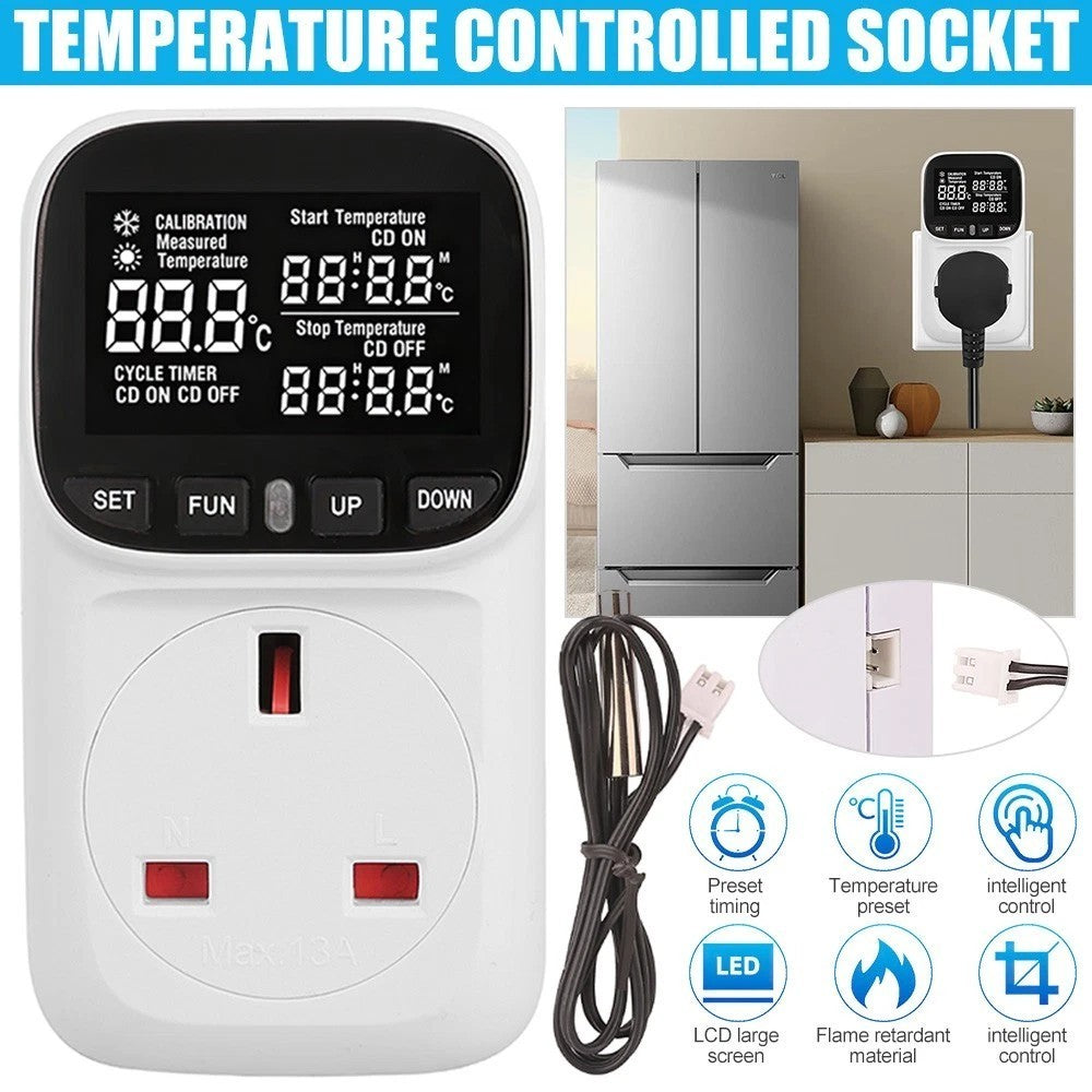 Digital Thermostat Temperature Controller Sensor Socket Timer Meter UK Plug
