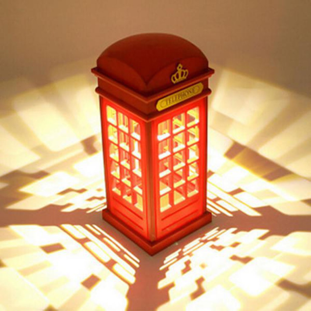 Red London Telephone Booth Night Light Bedside LED Table Lamp USB /Battery