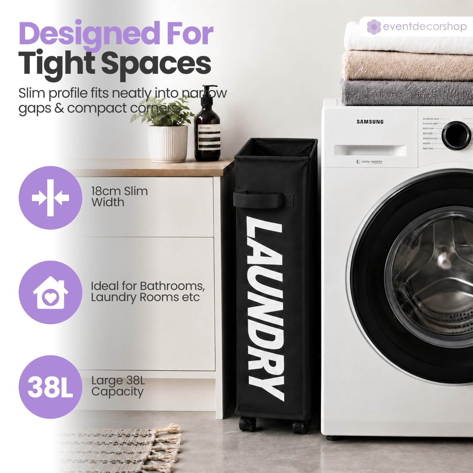 42L Water Resistant Laundry Basket w/Rolling Slim Wheels Foldable Washing Hamper