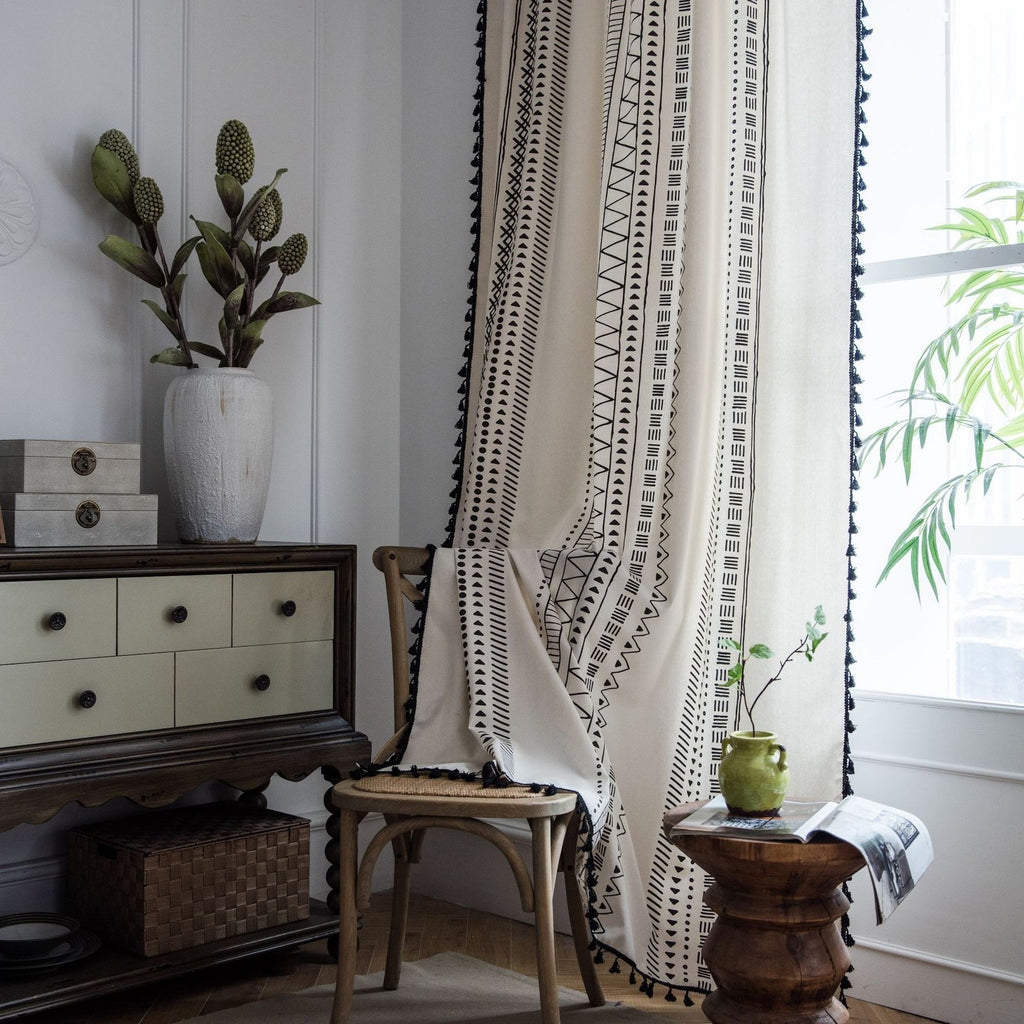 Geometric Tassels Panel Window Curtain Bohemian Cotton Linen Window Drapes