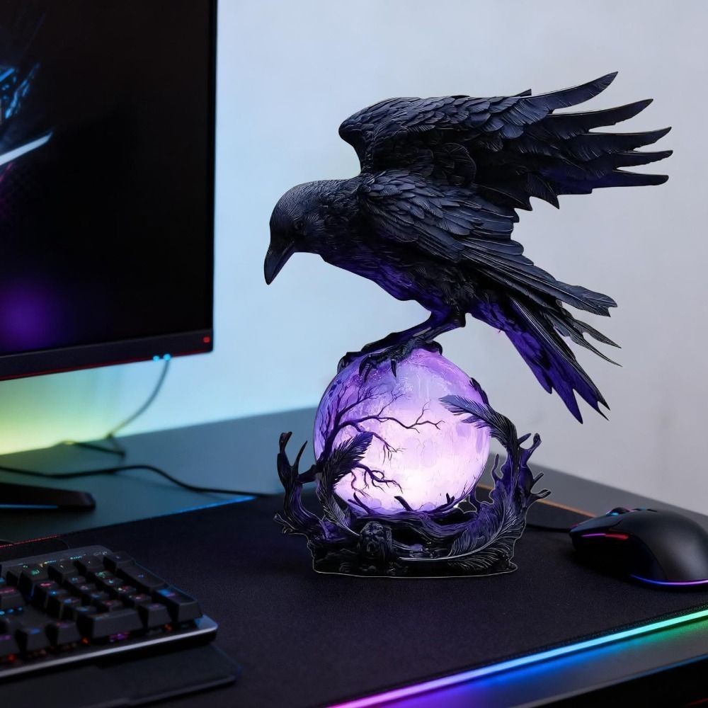 Spooky Raven Moonlight LED Table Lamp Crow Night Light Halloween Home Decor
