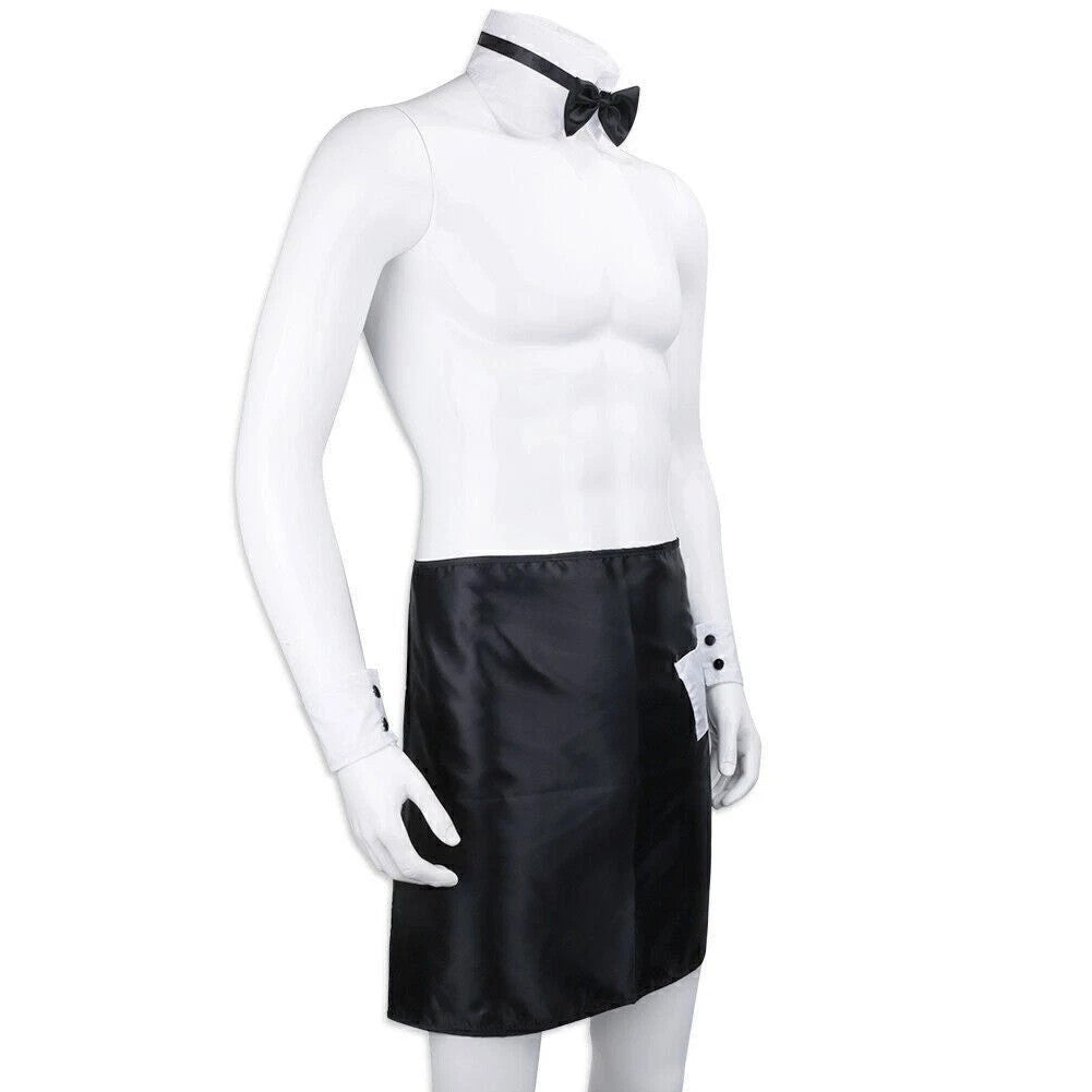 Mens Cosplay Costume Apron Waiter Outfit with Bow Tie Collar Cuffs Set UK