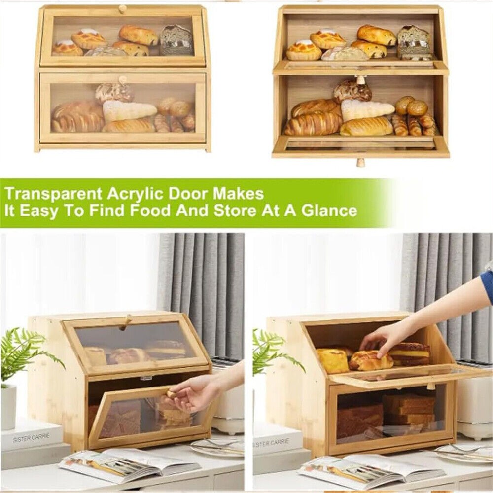 2 Tier Bamboo Bread Bin Double Layer Kitchen Storage Container Loaf Bread Box UK