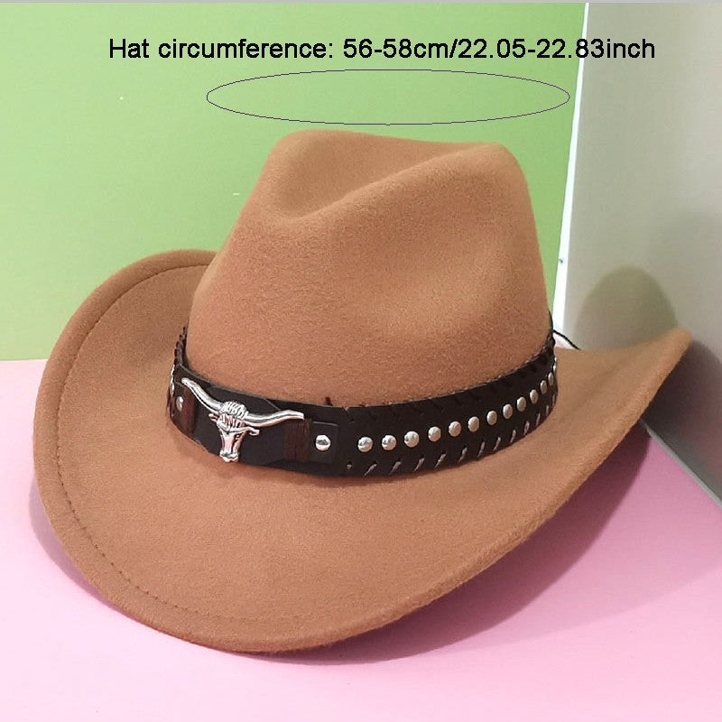 1PC Casual Western Cowboy Hat with Buckle & Bull Head Design Wide Brim Hat
