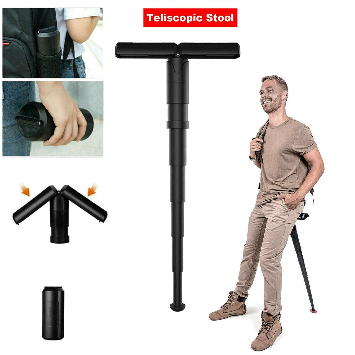 Folding Stool Walking Stick Seat Single Leg Hiking Chair Portable Retractable