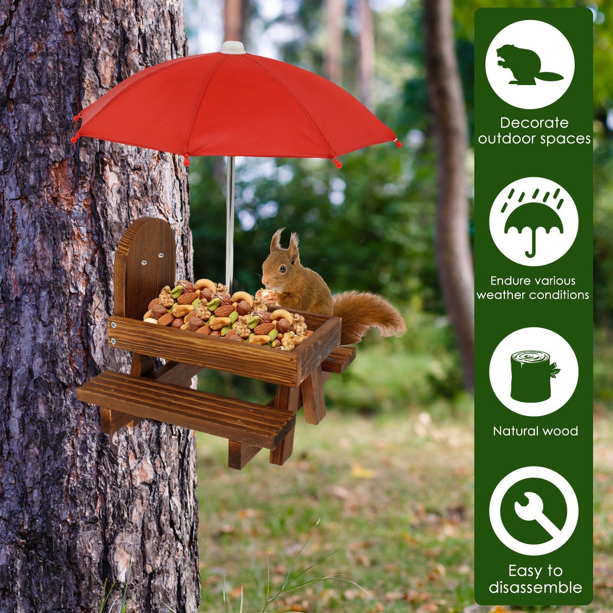 Carbonized Wood Squirrel Feeder Waterproof Chipmunk Feeder with Red