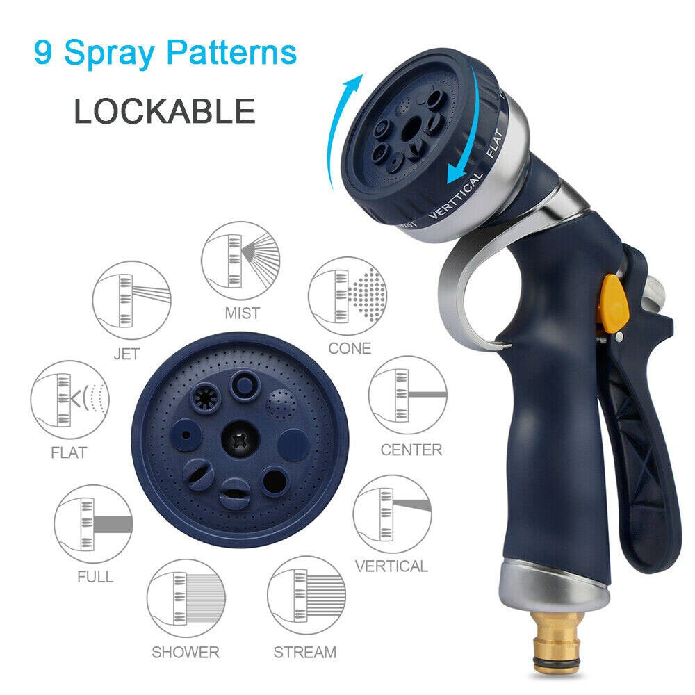 High Pressure Metal Water Gun Garden Hose Nozzle Head Sprayer 9 Spray Patterns