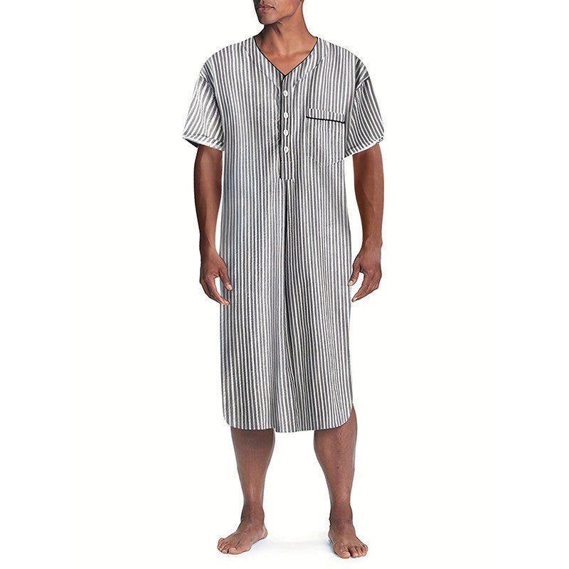Summer Mens Striped Short Sleeve V Neck Top Shirt Dress Nightshirt Sleepwear Pjs