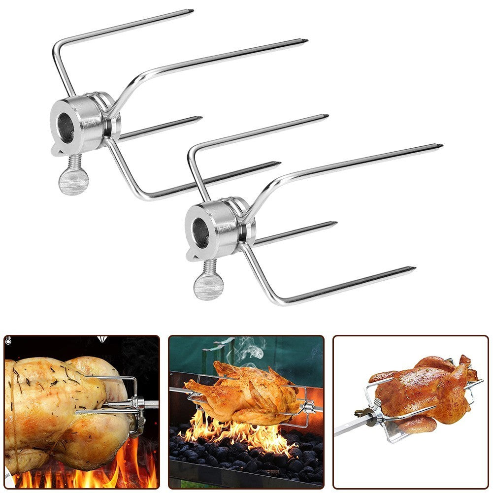 Stainless Steel BBQ Rotisserie Meat Forks Clamp with Locking Screw Set of 2