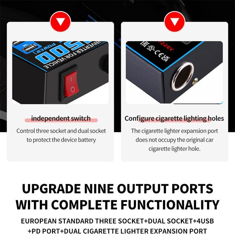 1500W Car Power Inverter Converter Adapter 12/24V to 220V1 Type-C USB 4 Socket
