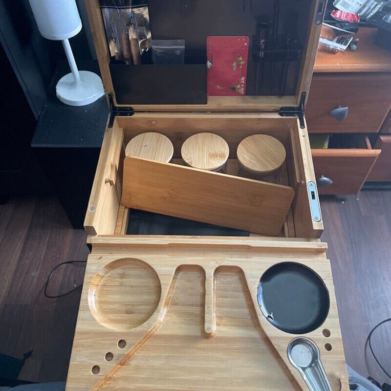Bamboo Storage Chest with Movable Tray Wood Locking Stash Box Rolling Tray