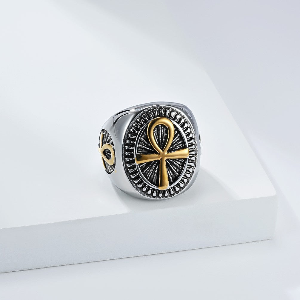 Ancient Egyptian Ankh Cross Amulet Ring Band For Men Stainless Steel #7-13