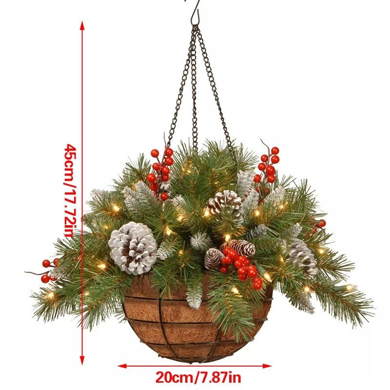Artificial Christmas Hanging Basket, w/Led Light& Frosted Pine Cones Berry Decor