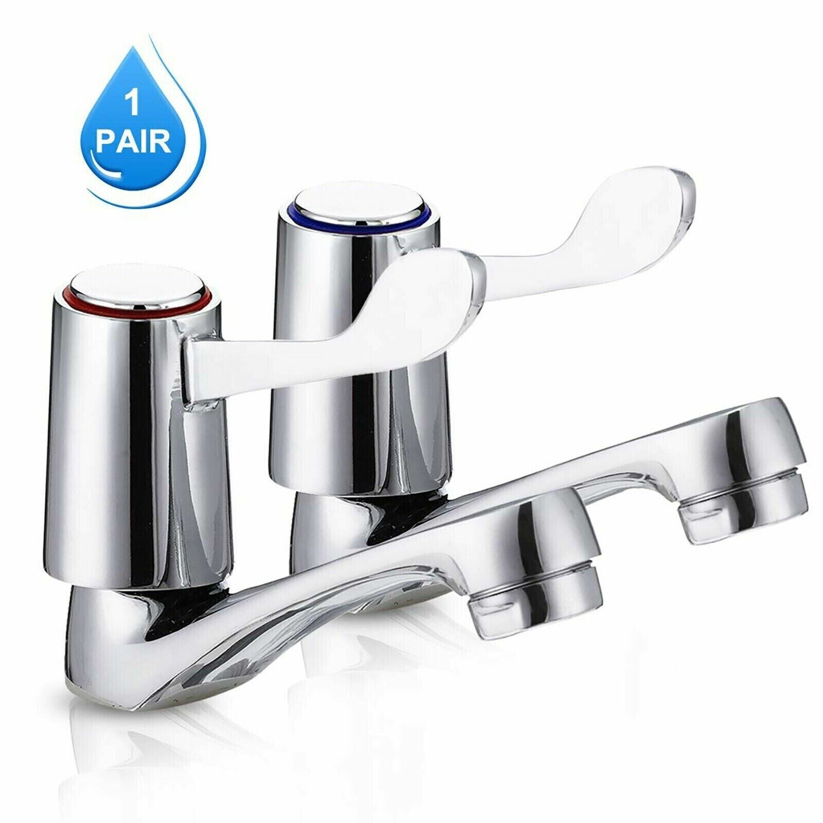1x Pair Basin Sink Pillar Taps Disabled Lever 1/4 Turn Chrome 1/2" Hot Cold Set