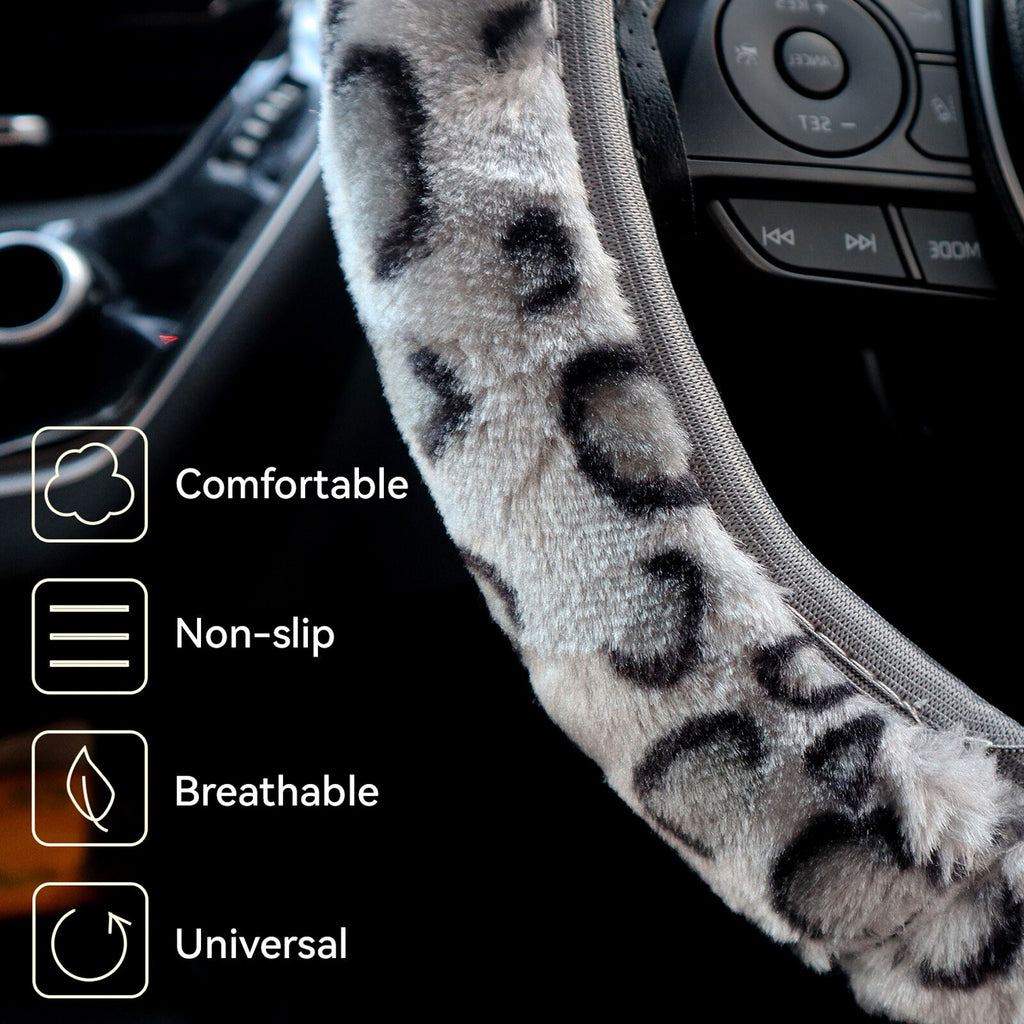 Leopard Print Fluffy Warm Car Steering Wheel Cover Plush Fuzzy Girls Universal