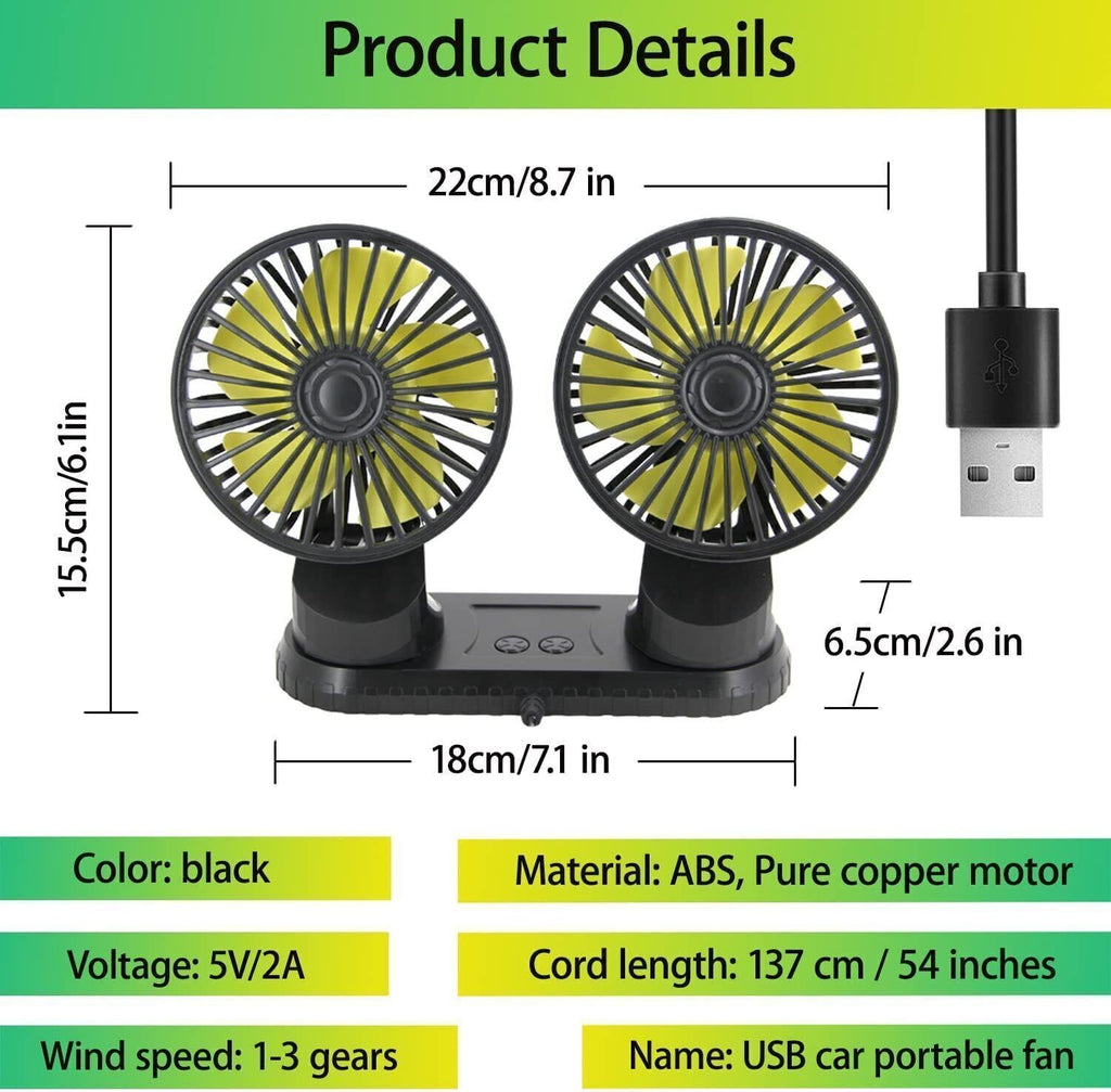 360° Rotatable Car Cooling Air Fan USB Dual Head Car Fan Portable Vehicle Fan
