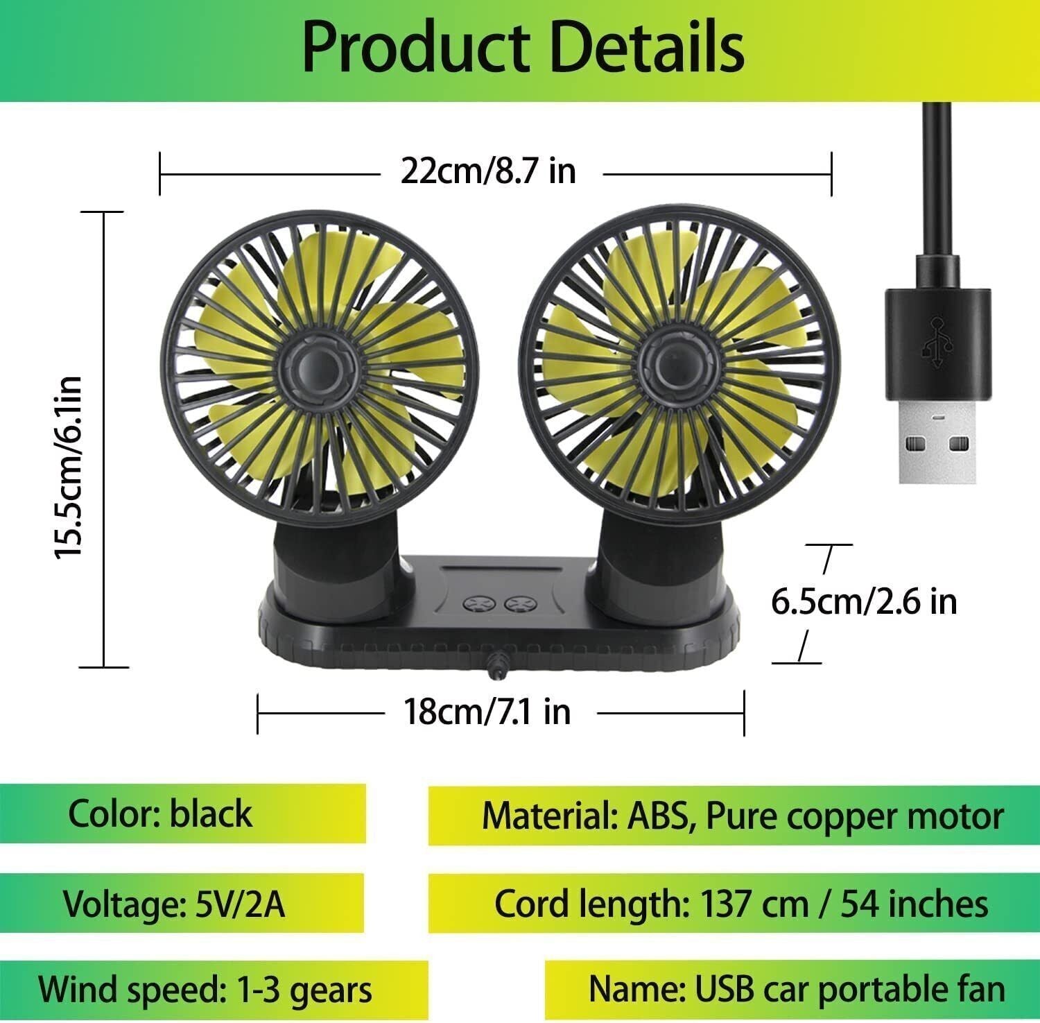 360° Rotatable Car Cooling Air Fan USB Dual Head Car Fan Portable Vehicle Fan