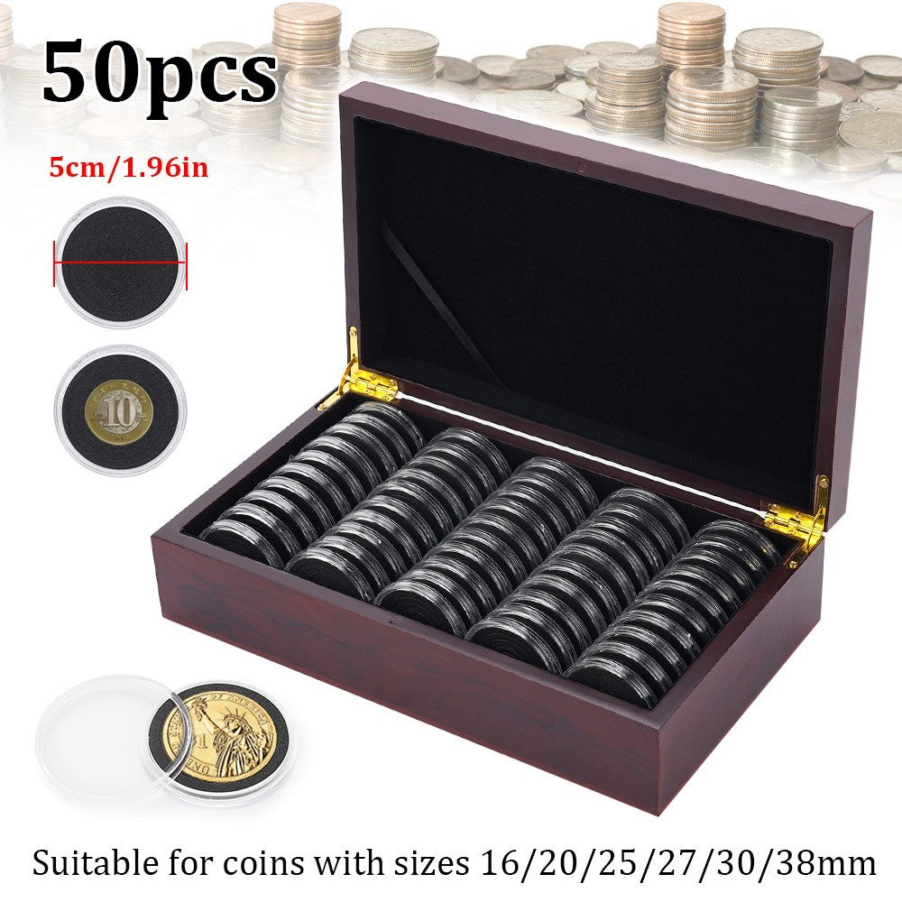 50pcs 46MM Coin Capsules Storage Box&Wooden Case Holders Collection Display
