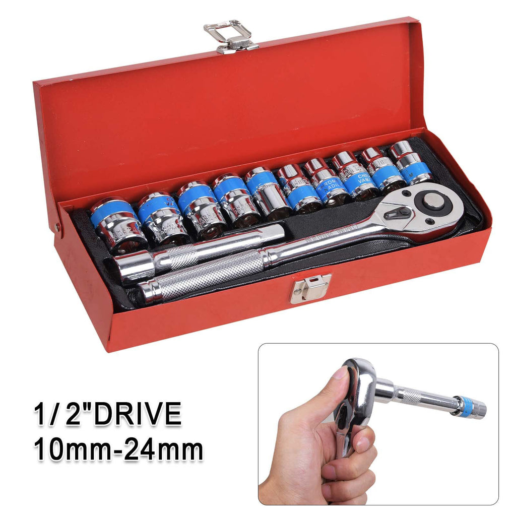 12Pc 1/2'' Socket Set 10-24mm Metric Drive Extension Ratchet Wrench Steel Case