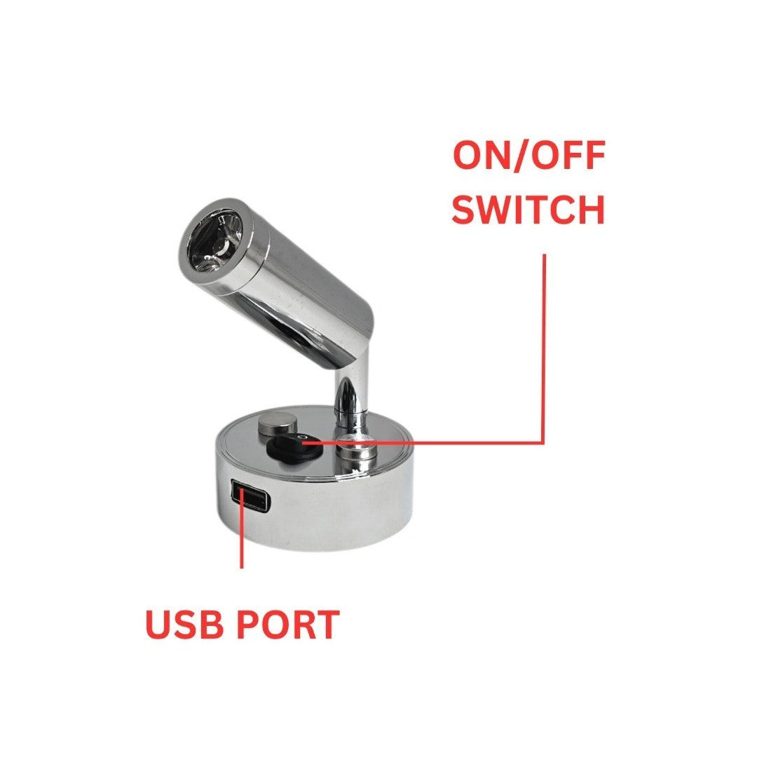 12V LED Reading Light USB Port Chrome Campervan Caravan Boat Lamps Pack of 2