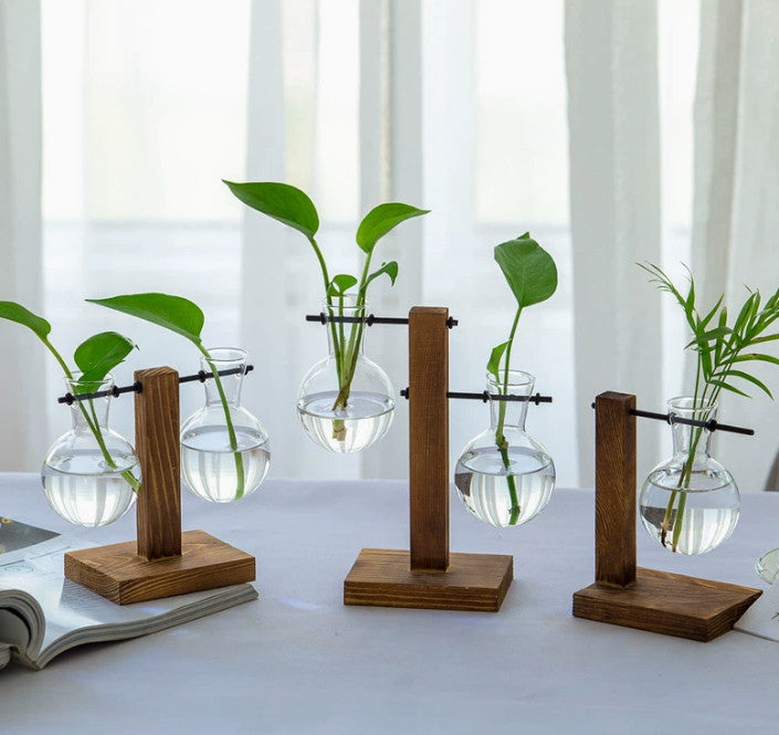 Vase with Retro Wooden Stand Propagation for s Office Desk