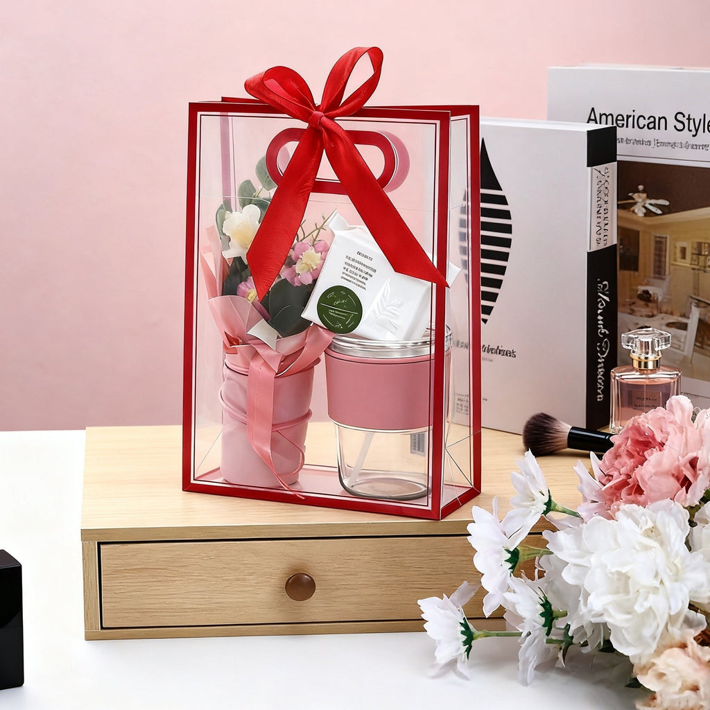 6Pcs Clear Gift Bags with Handle, 9.5x13.8x4" Favor Bags(White, White Ribbon).*