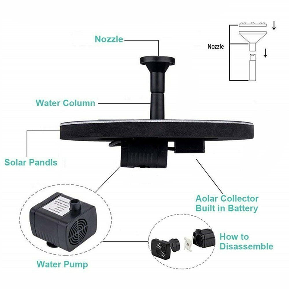 Floating Solar Fountain Pump Water Feature For Birdbath Garden Pool Pond Outdoor
