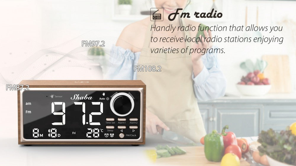 Retro Dual Alarm Clock FM Radio 15W Wireless Charging LED Display Auto-Dimming
