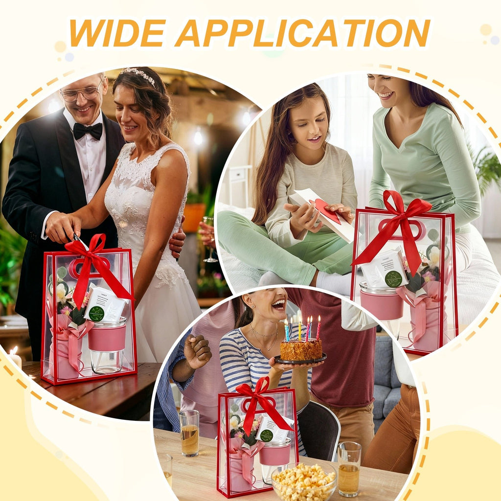 6Pcs Clear Gift Bags with Handle, 9.5x13.8x4" Favor Bags(White, White Ribbon).*