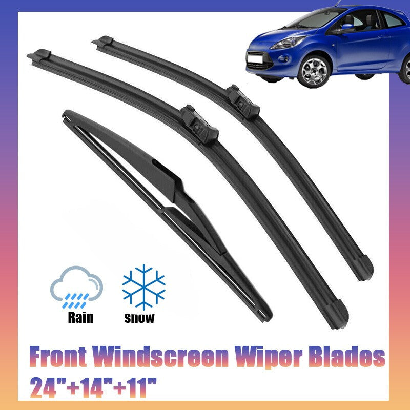 3PCS 24" 14" 11" Front & Rear Windscreen Wiper Blades Set For Fiat 500 Ford KA
