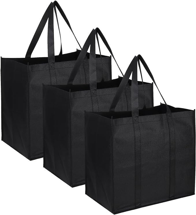 3 Pack Heavy Duty Black Large Reusable Grocery Tote Shopping Carry Bags