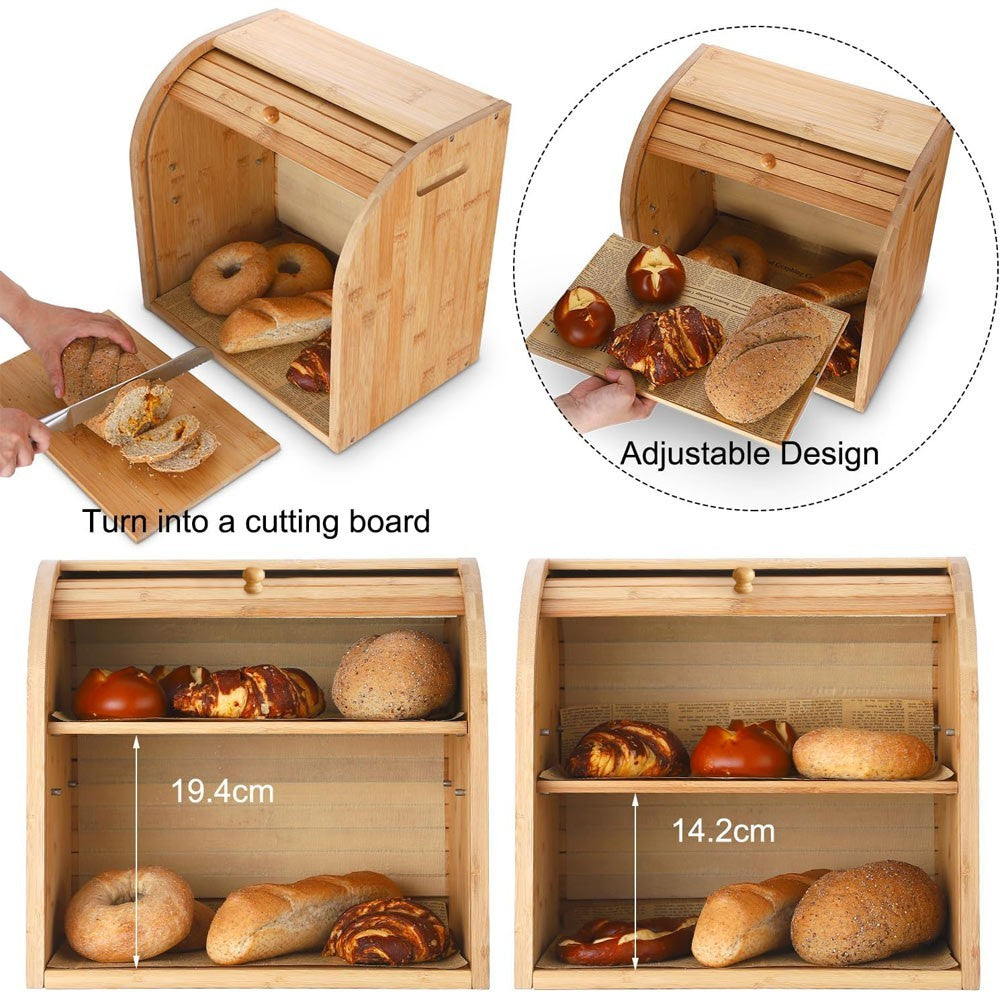 2 Tier Bamboo Bread Bin Double Layer Kitchen Storage Container Loaf Bread Box UK