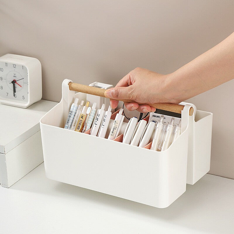 Stationery Pen Compartment Storage Box Wooden Handle Remote Control Storage Box