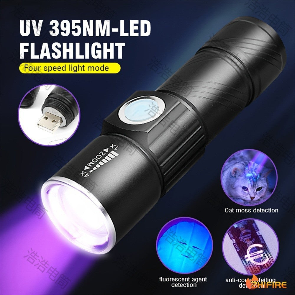 395 LED UV Torch Flashlight Light USB Rechargeable Ultra Violet Blacklight Zoom