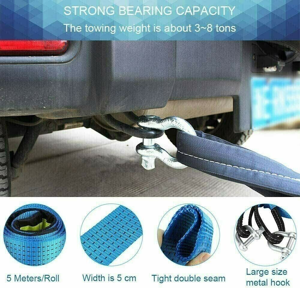 Heavy Duty Tow Rope Thicken 8T 5M Towing Strap Trailer Belt & Metal Hooks