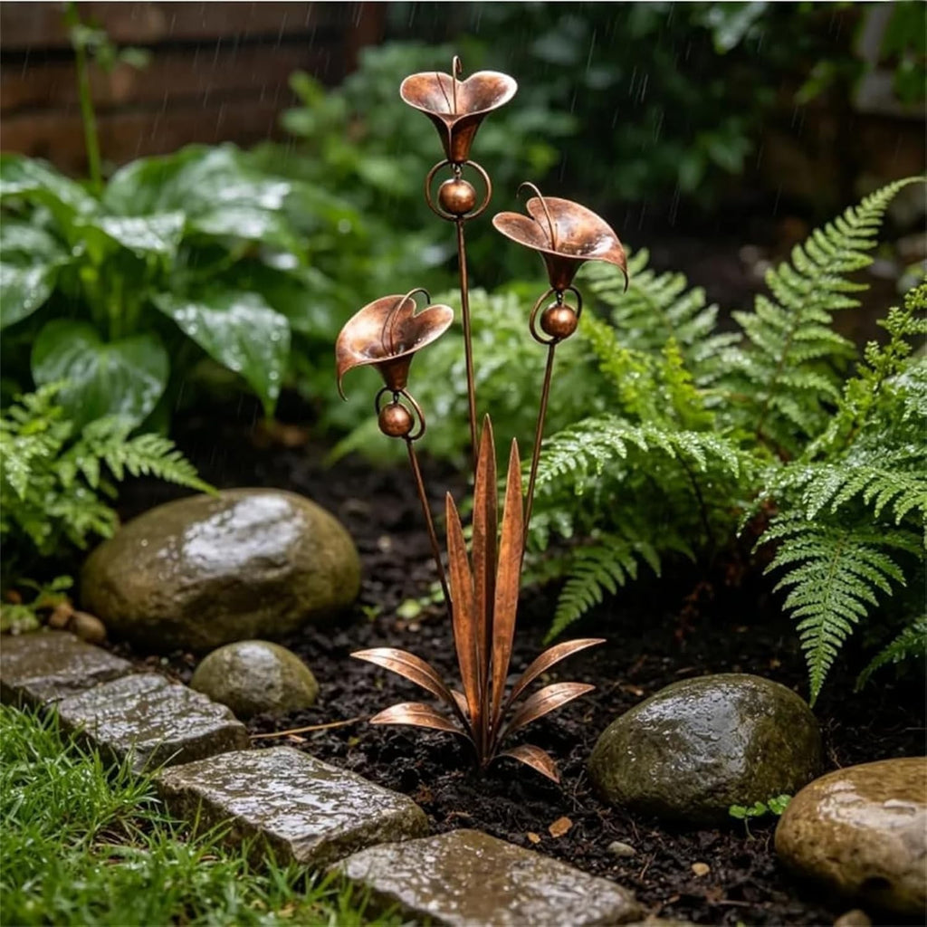 Flamed Copper Three Calla Lilies Garden Stake with Bells, Rain Catcher Flower UK