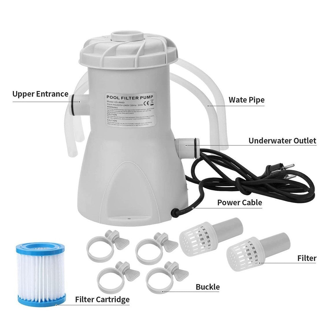 Swimming Pool Electric Filter Pump Paddling Pool Water Flowclear 300gal/H UK