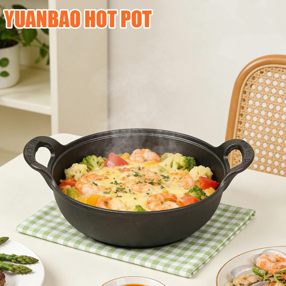 Cast Iron Shallow Casserole Dish Pan Cooking Pot Stew Stockpot Kitchen Cookware.