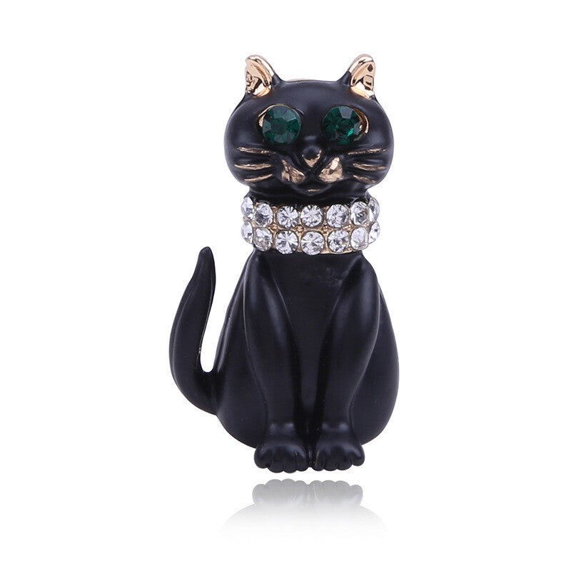 Vintage Style Black Enamel Crystal Cute Cat kitten Charm Animal Brooch Pin Gift