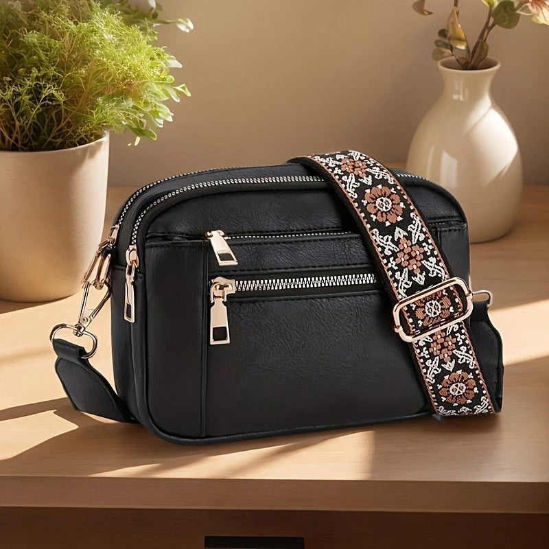 Women Leather Cross Body Bag, Wide Strap Shoulder Messenger Handbag for Ladies