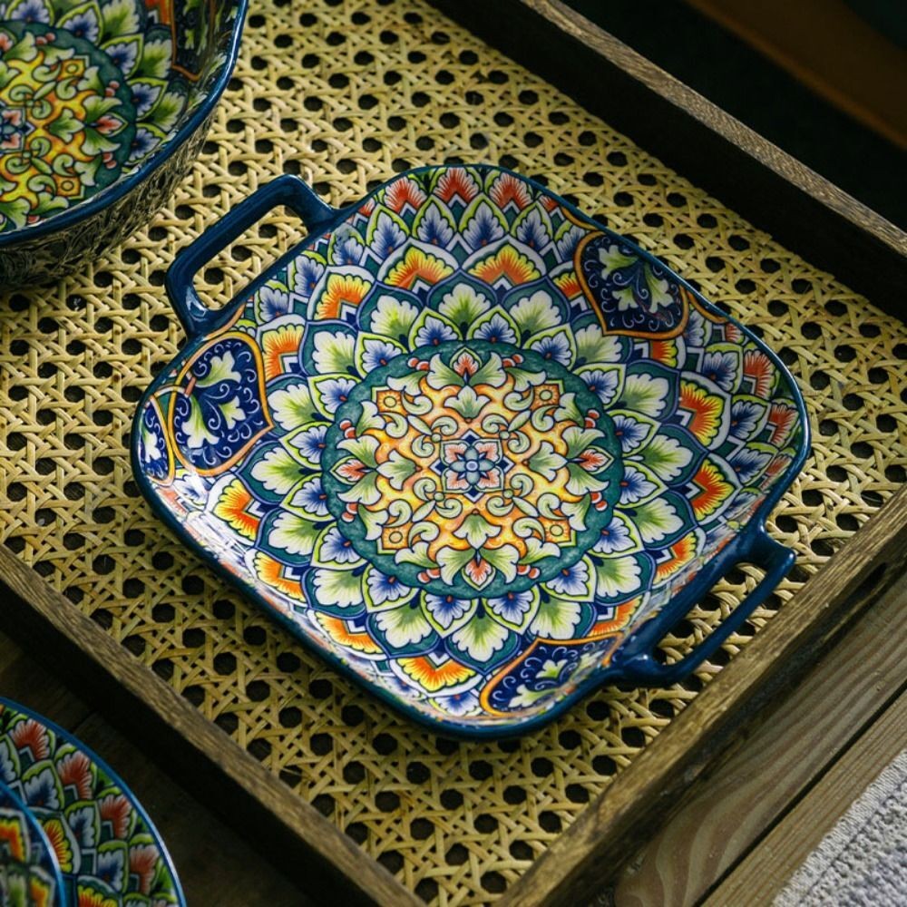 Square Bohemian Ceramic Plate Colorful Salad Dish Dinner Plate Microwave