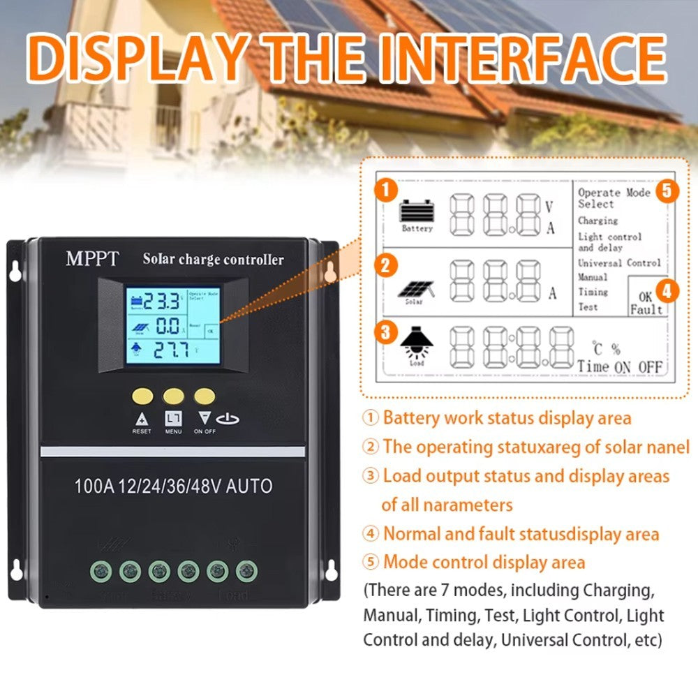 4000W 100A MPPT Solar Charge Controller Battery PV Regulator 12V/24V/36V/48V USB