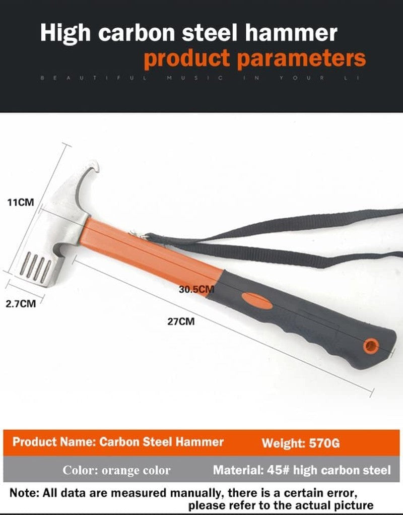 12" High Carbon Steel Tent Ham Camping Hammer Heavy Duty with Tent Stake Remover