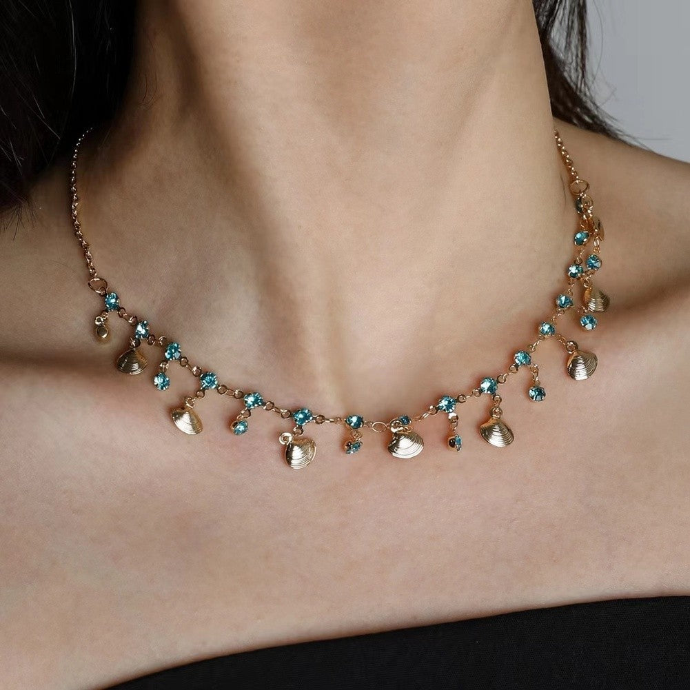Sea Blue Zircon Necklace with Layered Tassel and Shell for Boho Fashion