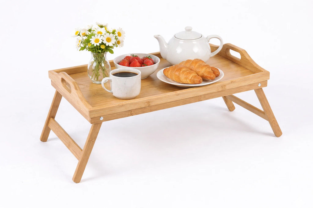 Bamboo Lap Tray Wooden Serving Breakfast Over Bed Table Tray with Folding Legs
