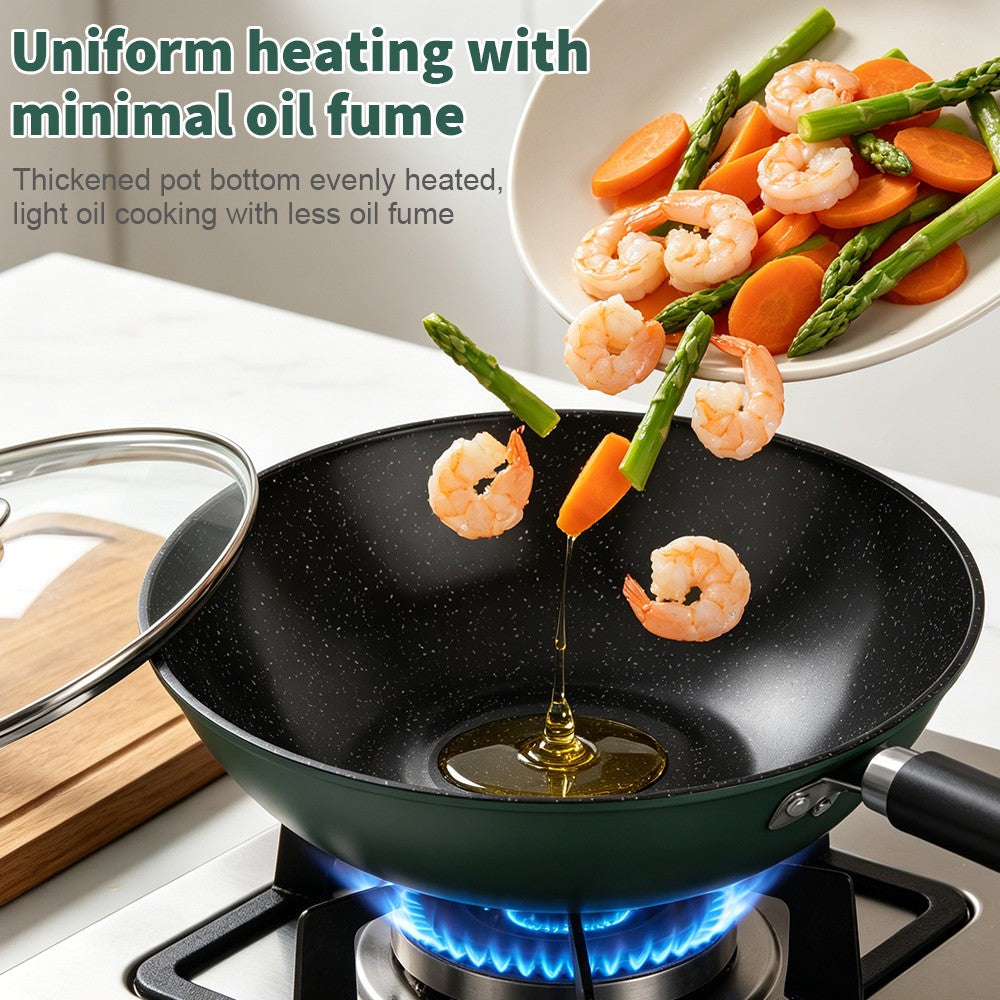 32CM Non Stick Frying Pan Wok Pan Anti-Scalding Handle w/ Lid For Gas, Electric