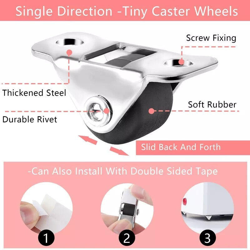 8pcs Mini Caster Wheels Little Rubber Rolling Wheels Low Profile Swivel Casters