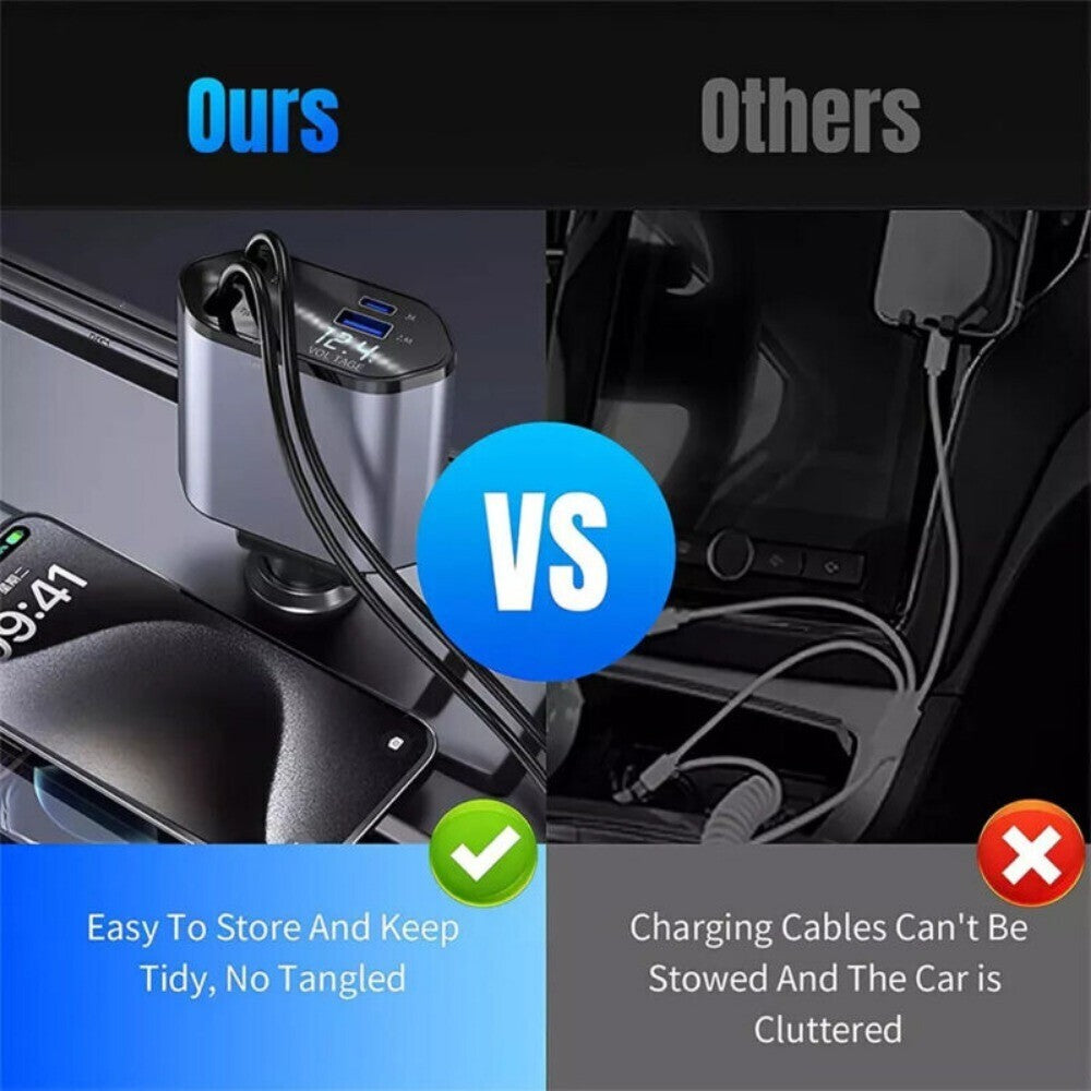 4 in1 Retractable Fast Car Charger with Starlight 120W USB C for iPhone &Android