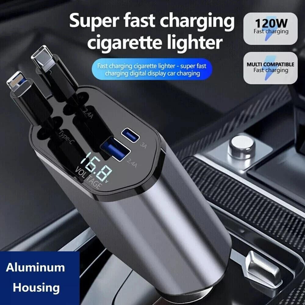 Retractable Car Charger 4IN1 120W USB Type C Cable For Phone Fast Charge Adapter