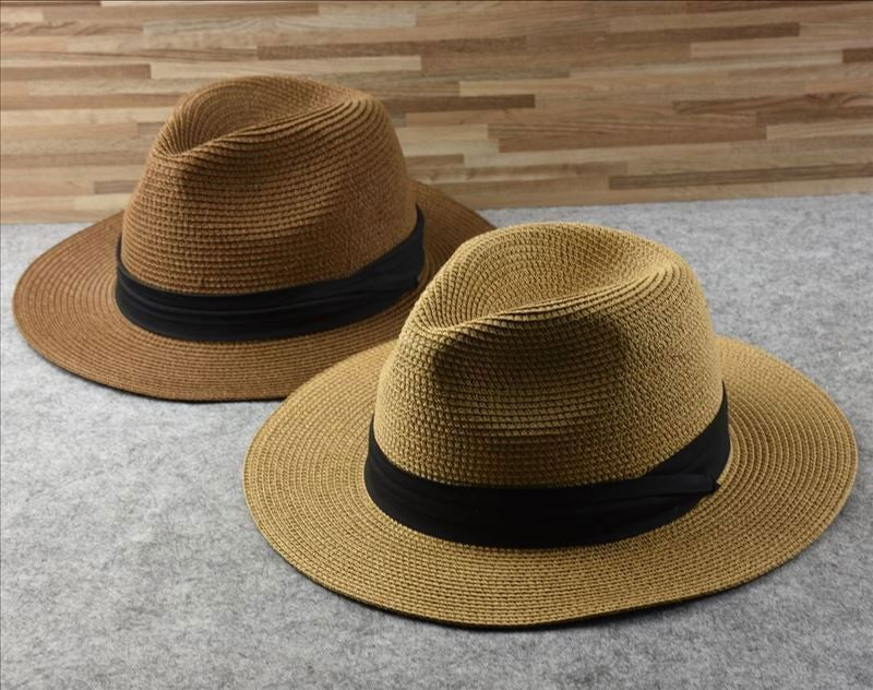 Unisex Mens Women Panama Style Sun Hat Crushable Wide Brim Fedora Straw Hat Cap
